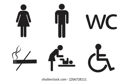 Toilet line icon set. WC sign. Man, woman, mother with baby and symbol. Restroom for male, female. Vector  illustration