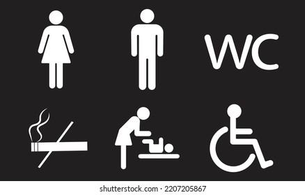 Toilet line icon set. WC sign. Man, woman, mother with baby and symbol. Restroom for male, female. Vector  illustration