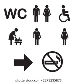 Toilet line icon set. WC sign. Men,women,mother with baby and handicap symbol. Restroom for male, female, transgender, disabled. Vector graphics.