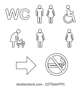 Toilet line icon set. WC sign. Men,women,mother with baby and handicap symbol. Restroom for male, female, transgender, disabled. Vector graphics.