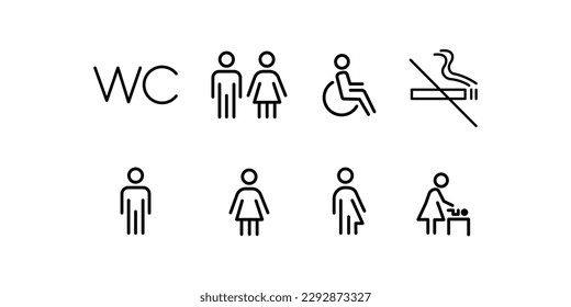 Toilet line icon set. WC sign. Men,women,mother with baby and handicap symbol. Restroom for male, female, transgender, disabled. Vector graphics
