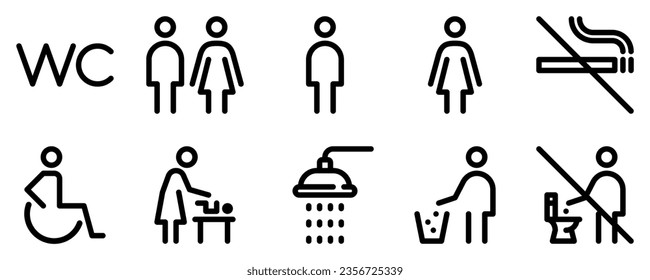 Toilet line icon set. WC sign. Man, woman, shower, mother with baby, handicap symbol. Restroom for male, female, disabled pictograms. No smoking, do not throw trash in toilet bowl. Vector graphics