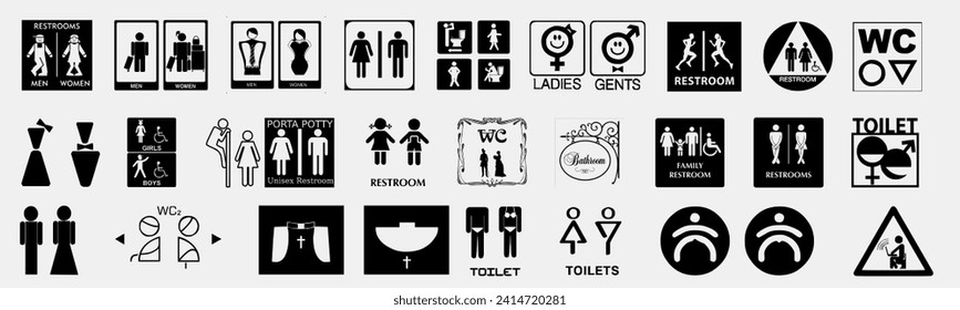 Toilet line icon set. WC sign. Men,women,mother with baby and handicap symbol. Restroom for male, female, transgender, disabled. Vector graphics. stock image