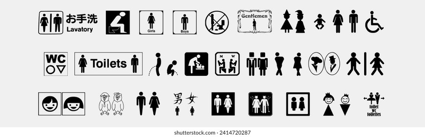 Toilet line icon set. WC sign. Men,women,mother with baby and handicap symbol. Restroom for male, female, transgender, disabled. Vector graphics. stock image