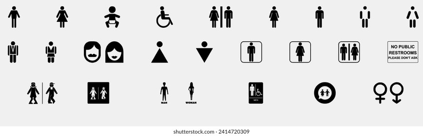 Toilet line icon set. WC sign. Men,women,mother with baby and handicap symbol. Restroom for male, female, transgender, disabled. Vector graphics. stock image
