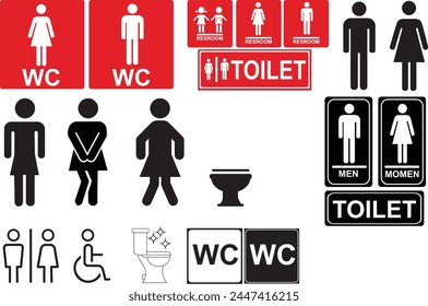 Toilet line icon set. WC sign. Men,women,mother with baby and handicap symbol. Restroom for male, female, transgender, disabled. Vector graphics