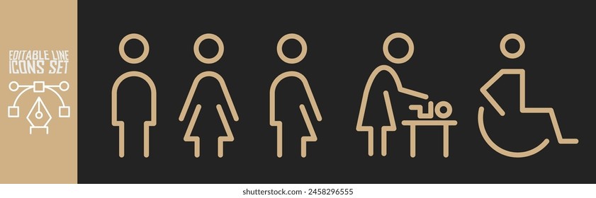 Toilet line icon set. WC sign. Men,women,mother with baby and handicap symbol. Restroom for male, female, transgender, disabled. Vector graphics	
