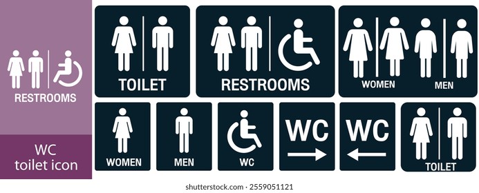 Toilet line icon set. WC sign. Men, women, mother with baby and handicap symbol. Restroom for male, female, transgender, disabled. Vector graphics