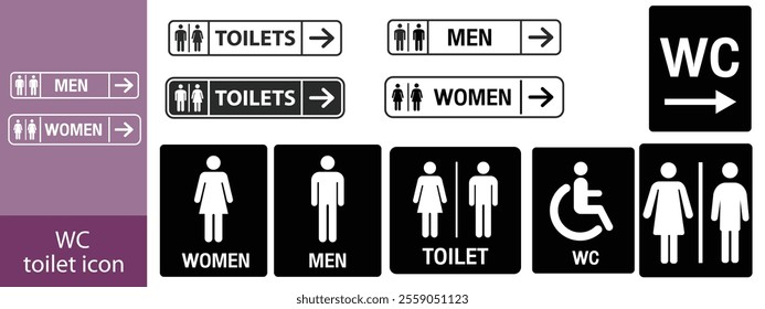 Toilet line icon set. WC sign. Men, women, mother with baby and handicap symbol. Restroom for male, female, transgender, disabled. Vector graphics