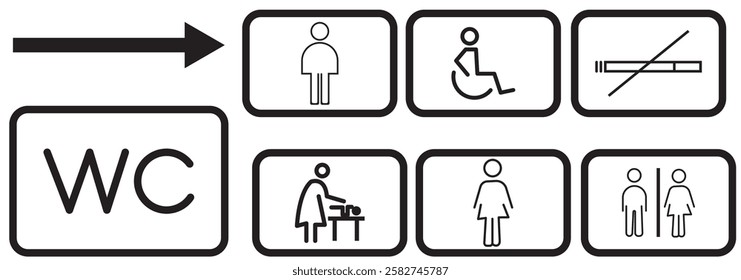 Toilet line icon set. WC sign. Men ,women ,mother with baby and handicap symbol. Restroom for male, female, transgender, disabled. Vector graphics