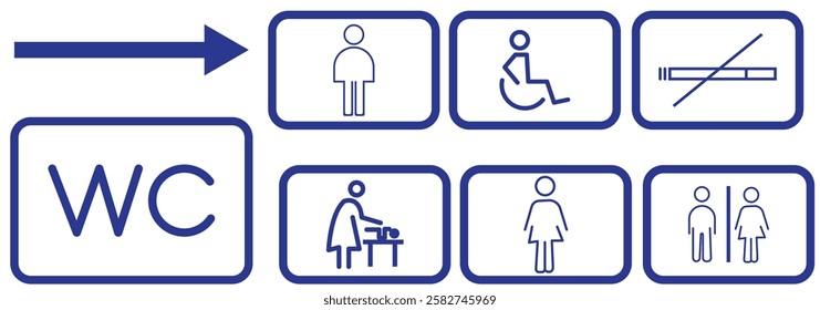 Toilet line icon set. WC sign. Men, women, mother with baby and handicap symbol. Restroom for male, female, transgender, disabled. Vector graphics