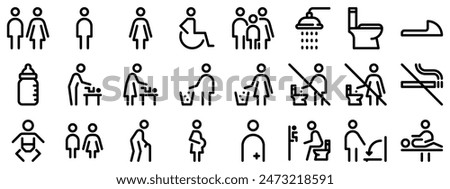 Toilet line icon set. WC outline sign. Man, woman, shower symbol. Restroom for male, female, disabled pictograms. No smoking, do not throw trash in toilet bowl. Editable stroke. Vector graphics