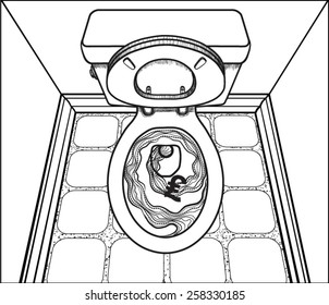 Toilet Lira Flush Top Down Sketch Line Art Illustration Vector 