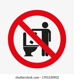 Toilet litter sign. No toilet littering sign. Vector illustration on white background. Throwing paper in the toilet. Banned, forbidden, prohibited red crossed circle.