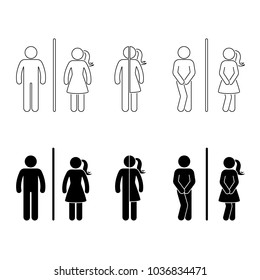 Toilet male and female icon. Stick figure vector funny wc, restroom set on white