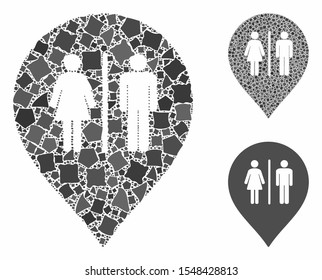 Toilet marker composition of bumpy pieces in various sizes and shades, based on toilet marker icon. Vector tremulant pieces are united into collage. Toilet marker icons collage with dotted pattern.
