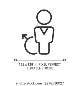 Toilet for men pixel perfect linear icon. Sing on door of public restroom. Private space for hygiene. WC marking. Thin line illustration. Contour symbol. Vector outline drawing. Editable stroke
