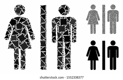 Toilet mosaic of tuberous elements in variable sizes and color hues, based on toilet icon. Vector inequal elements are united into mosaic. Toilet icons collage with dotted pattern.