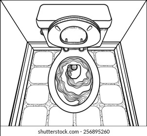 Toilet Only Flush Top Down Sketch Line Art Illustration Vector