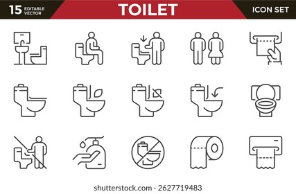 Toilet outline icon set. Public toilet, rules of use, women's, men's and disabled toilet, mother and child room, restroom and more. Outline vector icon in linear style. Pictogram collection. 