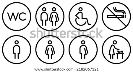 Toilet outline icon set. WC sign. Man,woman,mother with baby and handicap symbol. Restroom for male, female, transgender, disabled. Editable stroke. Vector graphics