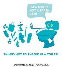 toilet pan and garbage vector illustration. warning about trash in the lavatory