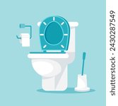 Toilet with toilet paper, brush. Vector illustration