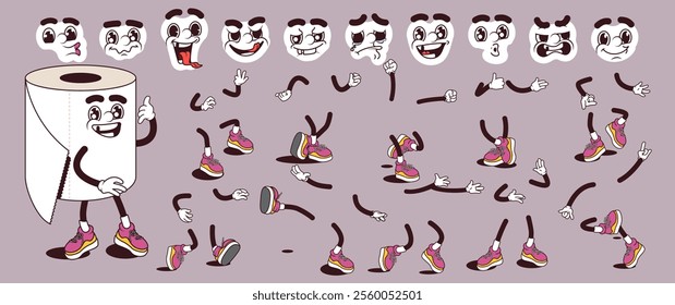 Toilet paper cartoon character with groovy comic faces set. Funny mascot with bundle of playful, whistle, wow, happy, smile and other facial emotions, legs poses, hands gestures. Vector illustration.