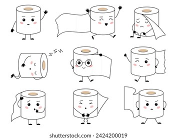 Toilet paper characters. Funny kawaii papers rolls with different emotions. Cute hygiene character, childish education mascots, decent vector set