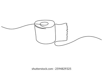 Toilet paper in continuous line art drawing style, Continuous line of paper roll. one line drawing of a roll of printer paper, a roll of tissue. minimalist single line vector illustration.