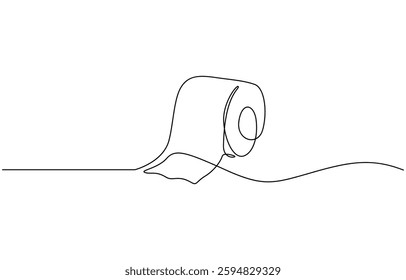 Toilet paper in continuous line art drawing style, Continuous line of paper roll. one line drawing of a roll of printer paper, a roll of tissue. minimalist single line vector illustration.