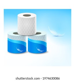 Toilet Paper Creative Promotional Banner Vector. Toilet Paper Blank Rolls Stack And Bird Feather On Advertising Poster. Tissue Hygiene Clean Product Style Concept Template Illustration