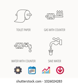 Toilet paper, gas and water counter icons. Save water linear sign. Calendar, Graph chart and Cogwheel signs. Download colored web icon. Vector