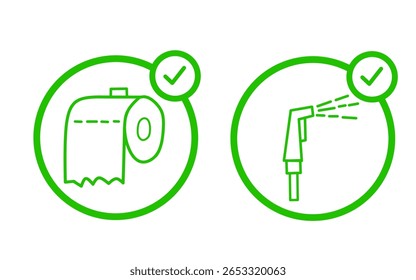 Papel higiênico e bidet mão ícone spray definido em estilo de linha verde mínimo.