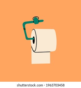 Toilet Paper hanging on the holder. Hygiene, WC, restroom, household concept. Cartoon style. Hand drawn trendy Vector illustration. Icon, logo, print template