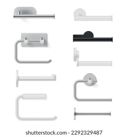 Toilet paper holders metallic sanitary household tools different shape set realistic vector illustration. Metal roll bathroom hygiene clean tissue wc restroom chrome silver stick for wall attaching