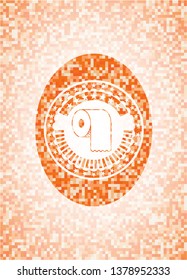 toilet paper icon inside abstract emblem, orange mosaic background