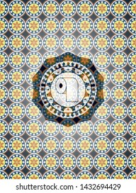 toilet paper icon inside arabic badge background. Arabesque decoration.