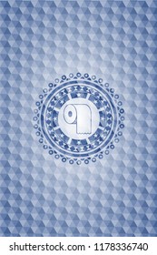toilet paper icon inside blue emblem with geometric pattern.