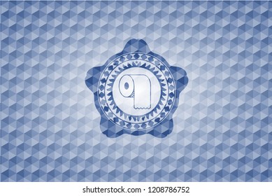 toilet paper icon inside blue emblem or badge with abstract geometric polygonal pattern background.