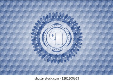 toilet paper icon inside blue badge with geometric pattern background.
