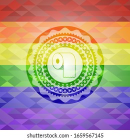 toilet paper icon inside emblem on mosaic background with the colors of the LGBT flag