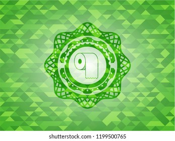 toilet paper icon inside green emblem with triangle mosaic background