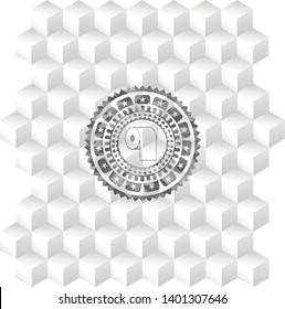 toilet paper icon inside grey badge with geometric cube white background
