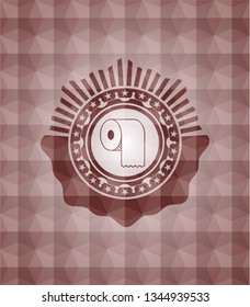 toilet paper icon inside red seamless emblem or badge with abstract geometric polygonal pattern background.