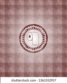 toilet paper icon inside red seamless emblem or badge with abstract geometric polygonal pattern background.