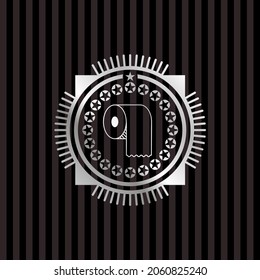 toilet paper icon inside silver emblem or badge. 