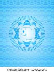 toilet paper icon inside sky blue water wave emblem.
