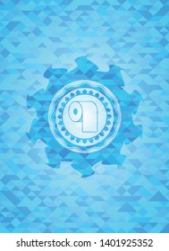 toilet paper icon inside sky blue emblem with triangle mosaic background