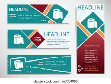 Toilet paper icon on horizontal and vertical banner. Modern abstract flyer, banner, brochure design template. 